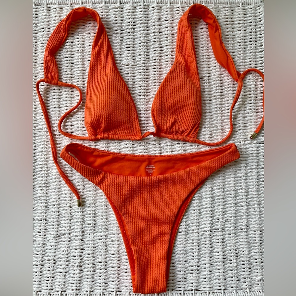 Monday Swimwear bikini (never worn) in orange/cantaloupe crinkle fabric